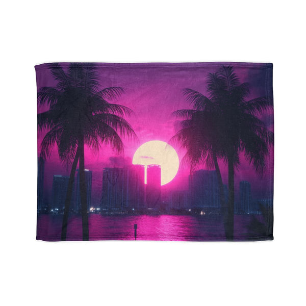 80s Retro Miami Neon Sunset (Edition III) — 50×60 Plush Throw Blanket — Full Spread Plush Fleece Artwork View
