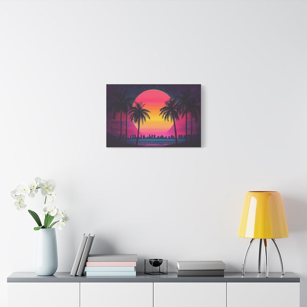 80s Retro Miami Neon Sunset (Edition III) — 24×16 Canvas Wall Art — Living Room Wall Lifestyle View