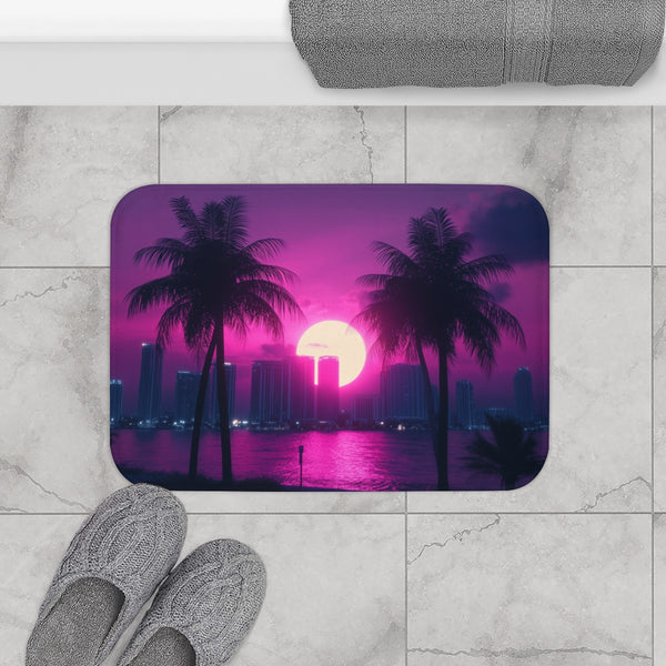 80s Retro Miami Neon Sunset (Edition IV) — 61×43 Memory Foam Bath Mat — Modern Bathroom Floor Lifestyle View