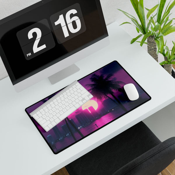 80s Style Miami Sunset Poster (Edition IV) — XXL Gaming Desk Mat — Gaming & Workspace Desk Setup View