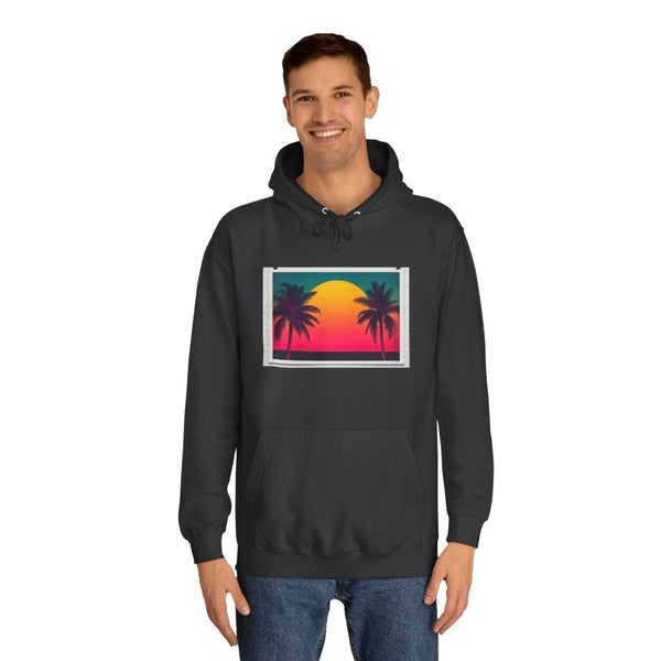80s Style Miami Sunset Poster Graphic Unisex College Hoodie - Lifestyle Model View