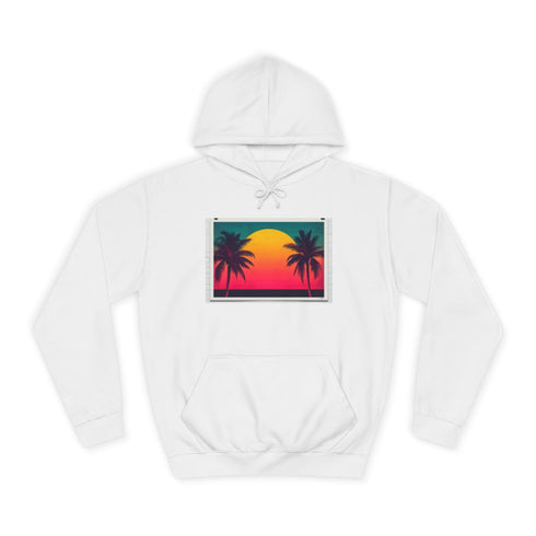 80s Retro Miami Neon Sunset — Heavyweight Graphic Hoodie — Brushed-Fleece Hood & Pouch Pocket Detail