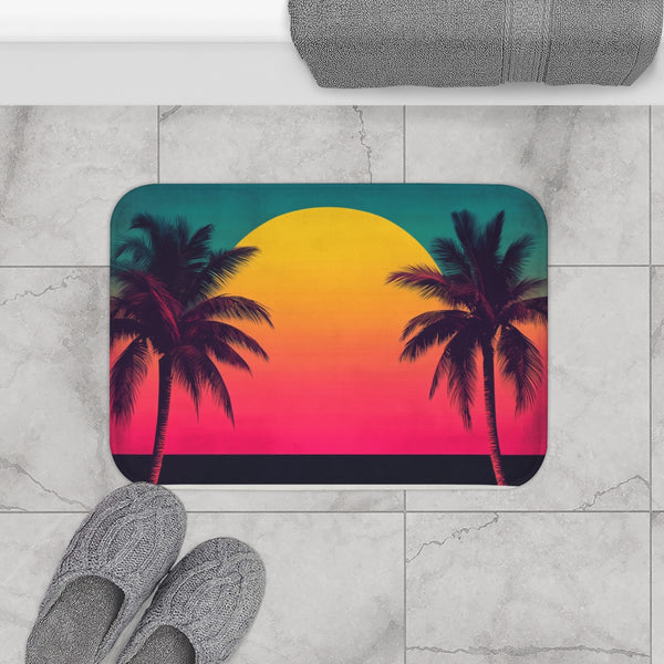 80s Style Miami Sunset Poster — Memory Foam Bath Mat — Modern Bathroom Floor Lifestyle View