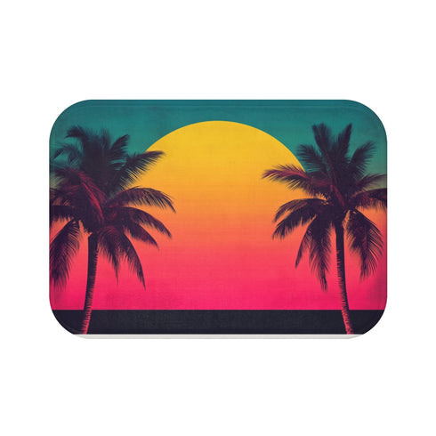 80s Retro Miami Neon Sunset — 61×43 Memory Foam Bath Mat — Top-Down Velvet Microfibre Artwork View