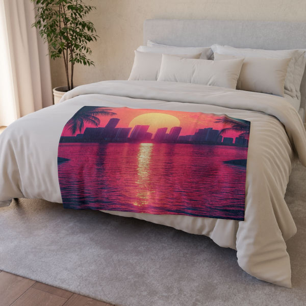 80s Style Miami Sunset Poster — Plush Fleece Throw Blanket — Drape over Sofa & Bed Lifestyle View