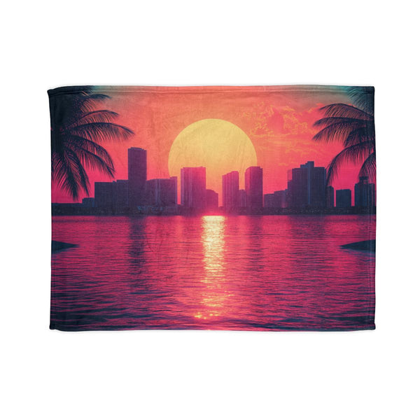 80s Style Miami Sunset Poster — Plush Fleece Throw Blanket — Full Spread Plush Fleece Artwork View
