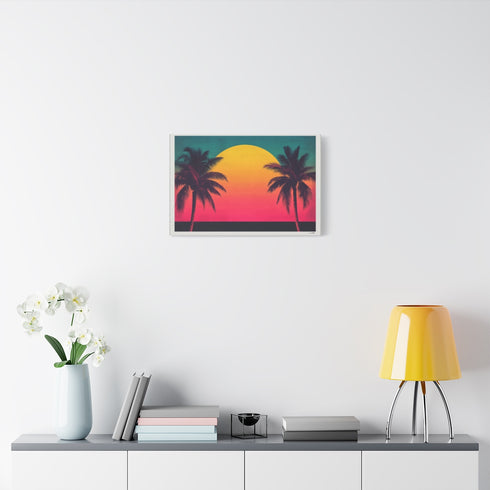 80s Style Miami Sunset Poster — Stretched Canvas Wall Art — Living Room Wall Lifestyle View