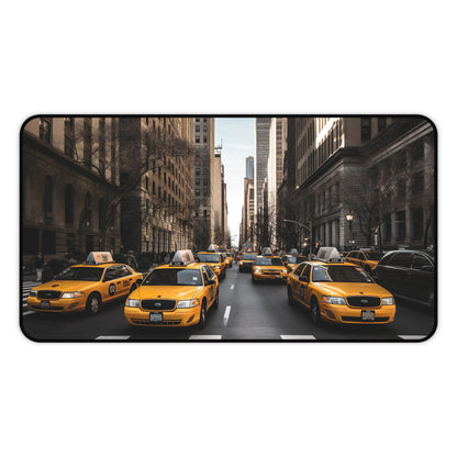 "NYC Taxi Desk Mat - Add vibrant NYC charm to workspace with iconic yellow cabs on bustling streets"