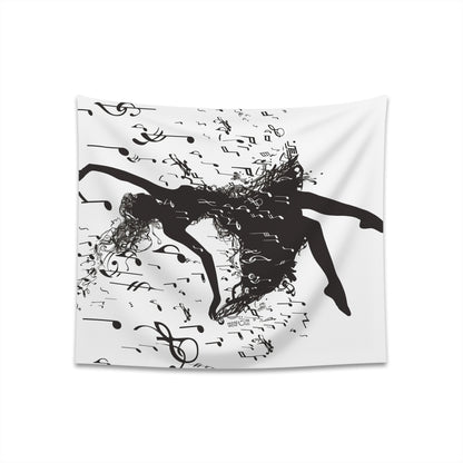 "Silhouette dancer tapestry with musical notes design, high-quality material, perfect for all seasons - Dancing to Life: A Silhouette Tapestry"