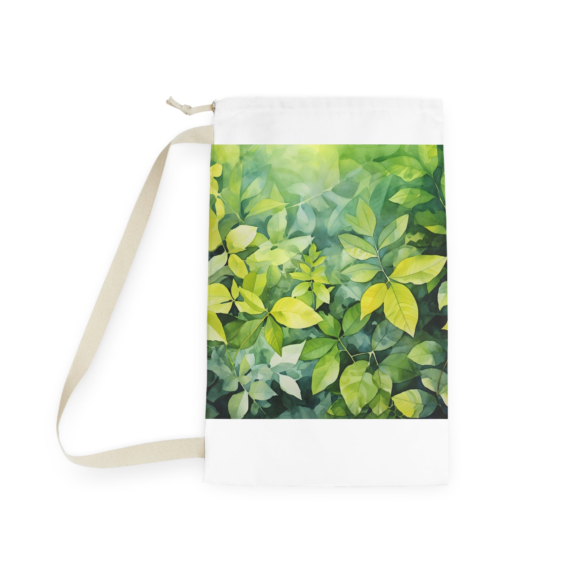 "Summer Foliage Watercolor Laundry Bag - Serene laundry essential with lush foliage design for nature lovers"