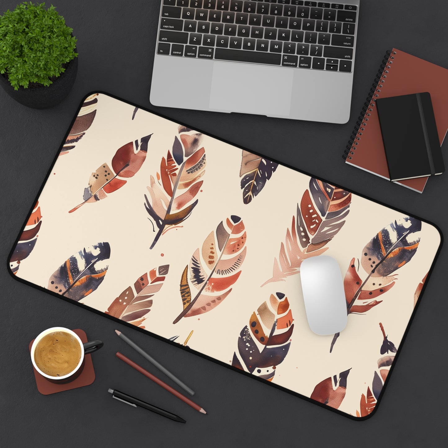 "Boho Feathers Desk Mat - Stylish seamless pattern for workspace flair and protection"