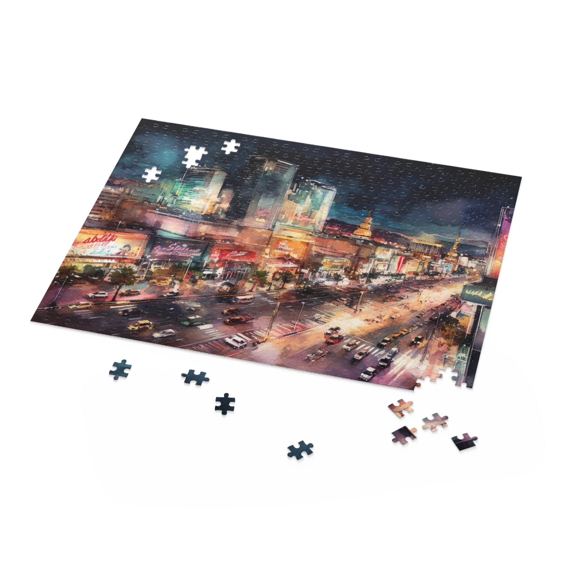 "Vegas Strip jigsaw puzzle featuring dazzling lights and iconic landmarks"