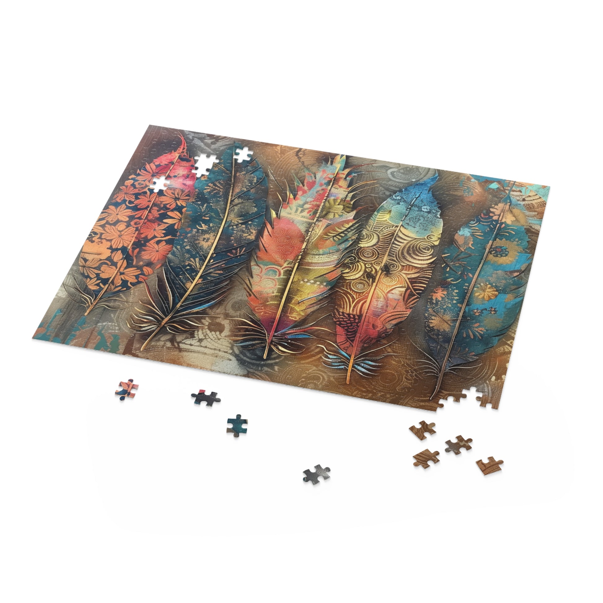 Colorful Bohemian feathers jigsaw puzzle - vibrant hues & intricate designs for a relaxing challenge.