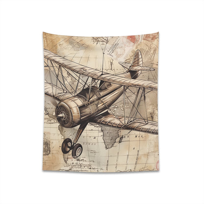 Vintage Travel Tapestry: Explore the World with this Airplane-themed Wall Art. Perfect for Wanderlust Souls.