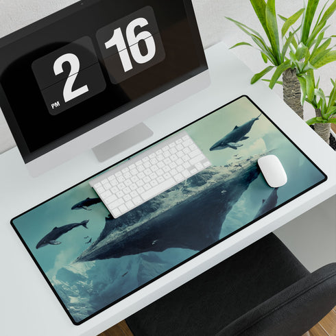 Floating Mountain Surrounded by Whales — XL & XXL Desk Mat — 3mm Non-Slip Natural Rubber Base Detail