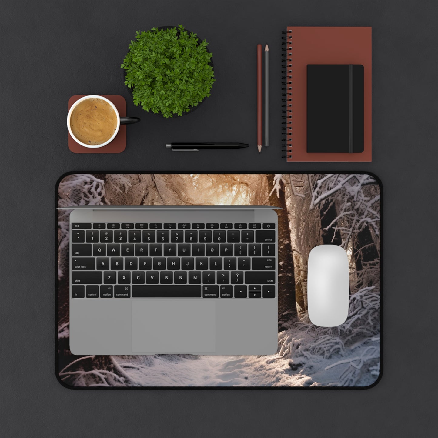 "Transform your workspace with Winter Forest Desk Mat - serene snowy forest scene for calming vibes"