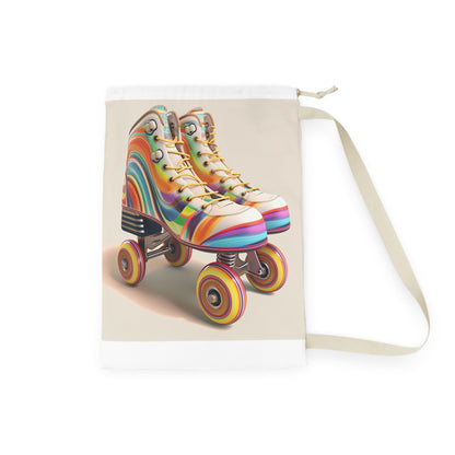 Colorful retro roller skate-themed laundry bag with vibrant stripes for a fun laundry experience.