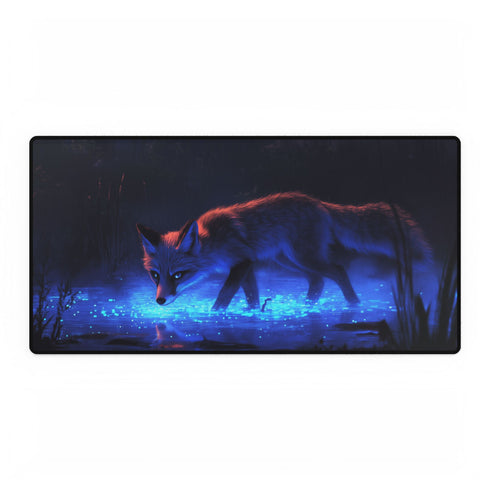 Bioluminescent Fox Walking Through Swamp — XL & XXL Desk Mat — Full Top-Down Artwork View