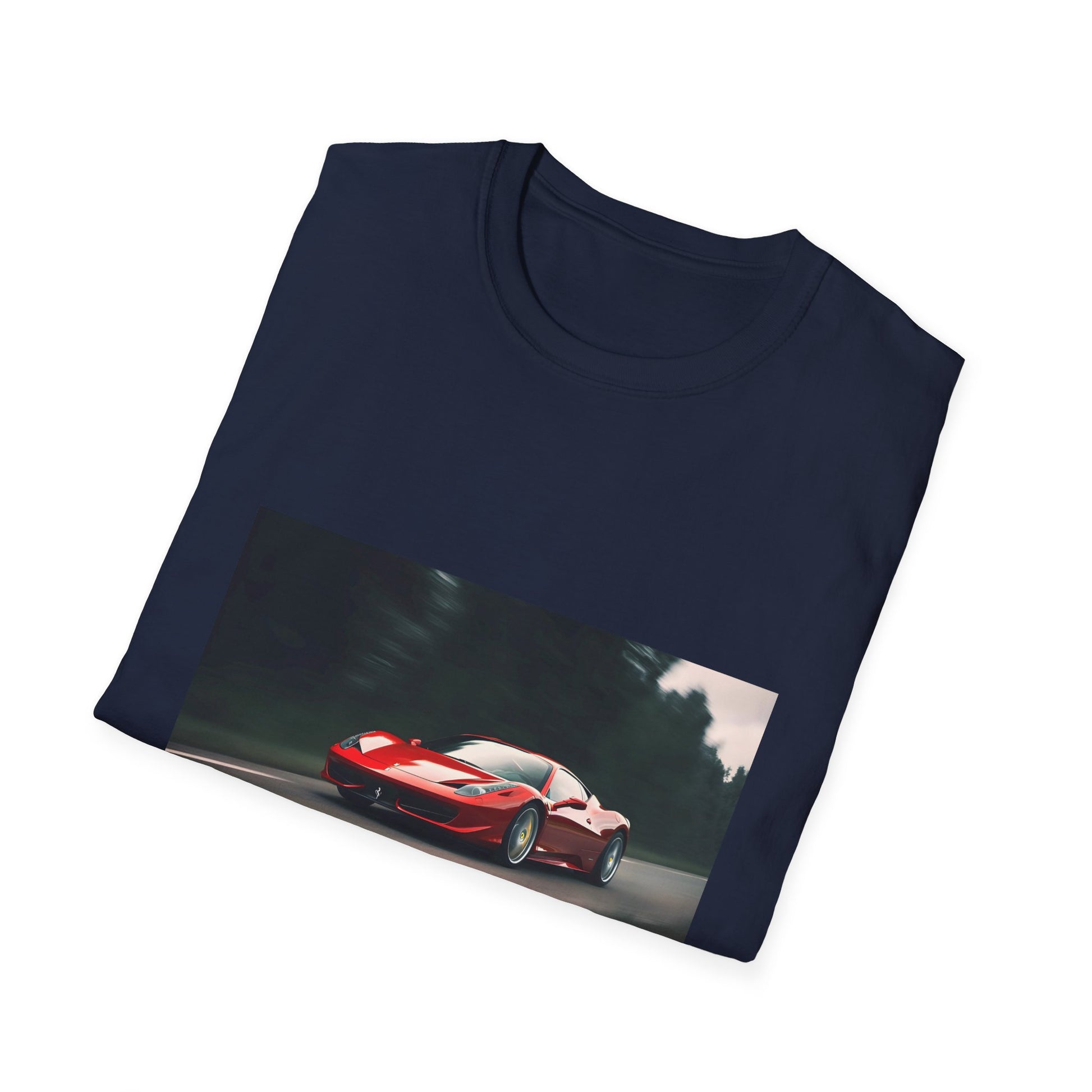 Alt text: "Adrenaline Rush on the Racing Circuit T-shirt featuring a vibrant image of a sleek Ferrari racing car, symbolizing speed, precision, and raw power for high-octane adventure enthusiasts"