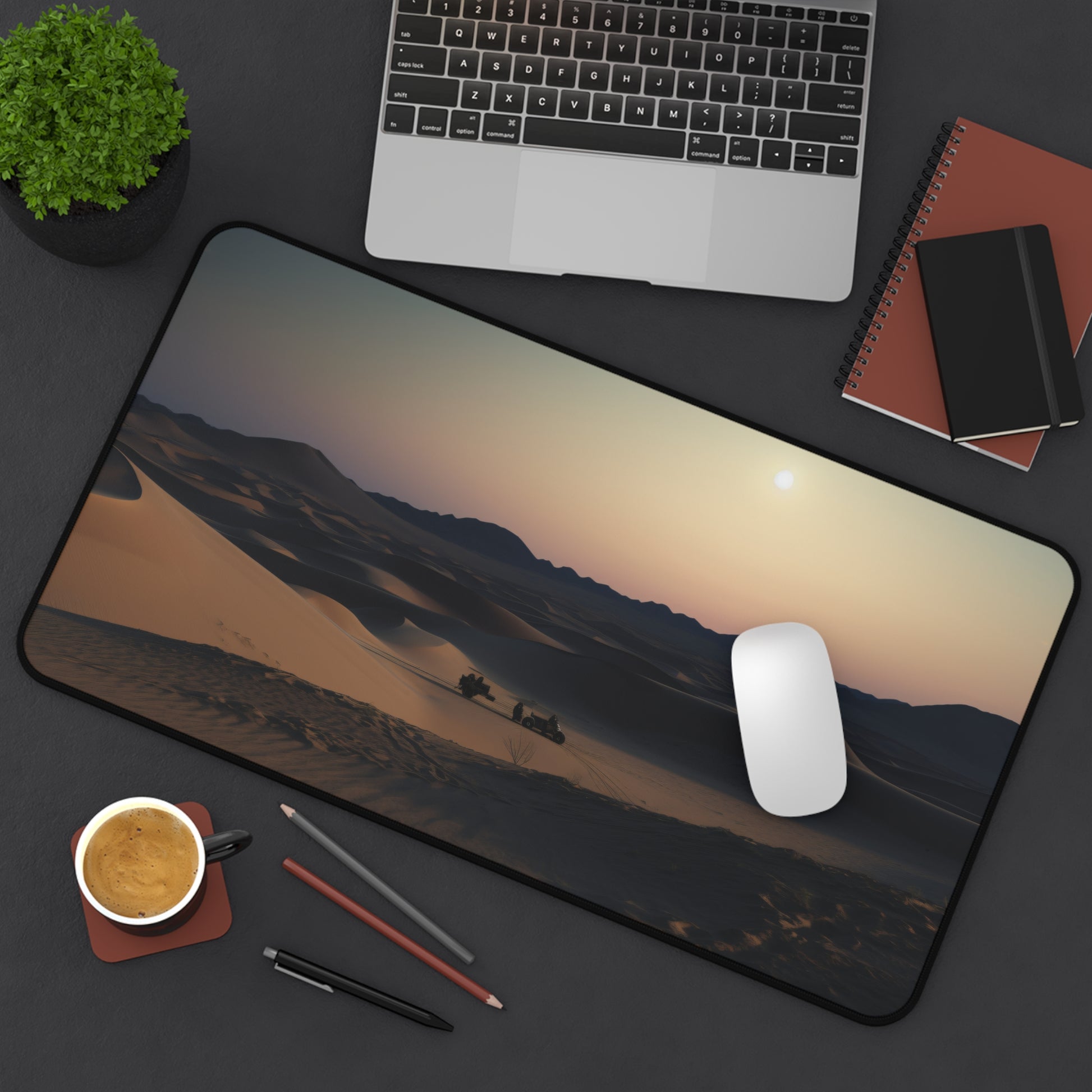 "Enhance your workspace with Moonlit Desert Desk Mat - full moon over sand dunes"