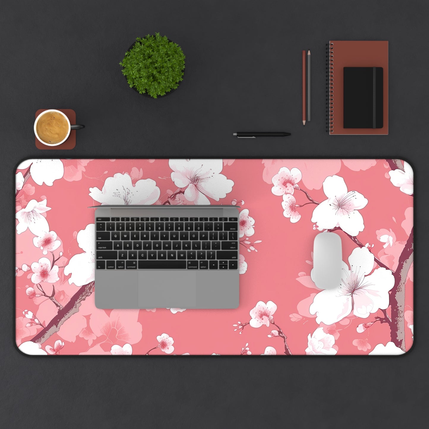 Elegant Cherry Blossom Desk Mat - Transform Your Workspace with Pink and White Floral Pattern, Surface Protection and Style