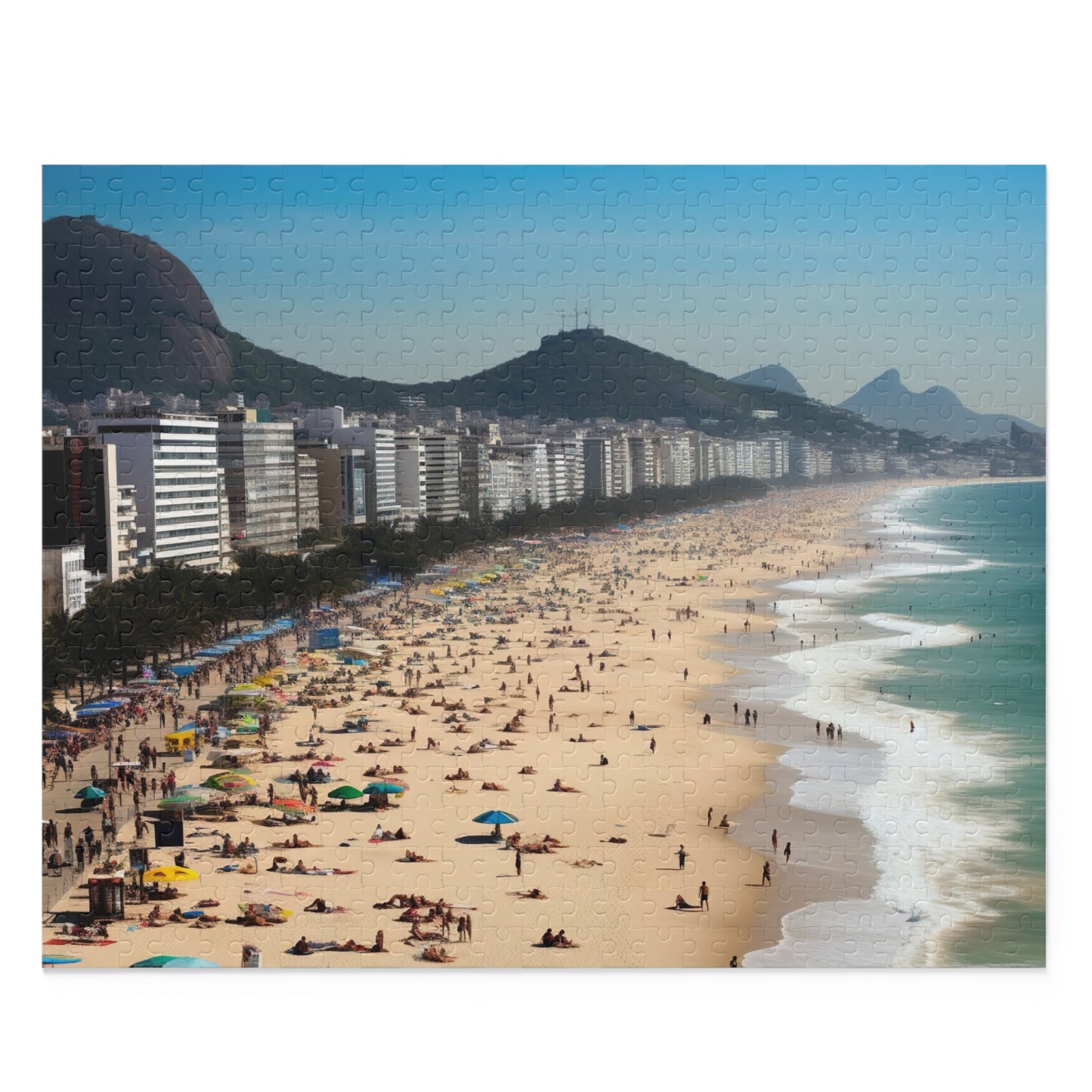 Rio Beach Jigsaw Puzzle - Piece together palm trees, blue skies, and crystal clear waters for ultimate relaxation in this stunning puzzle.