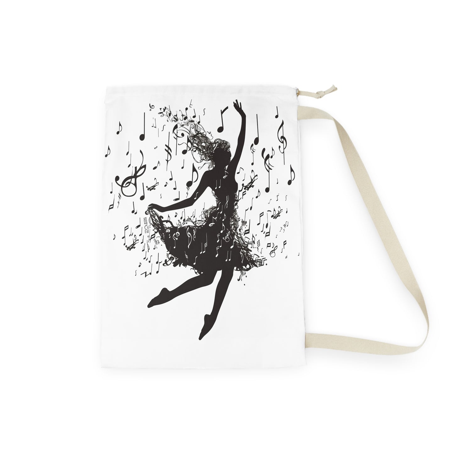 "Dancer silhouette laundry bag with musical notes, artistic flair for laundry routine"