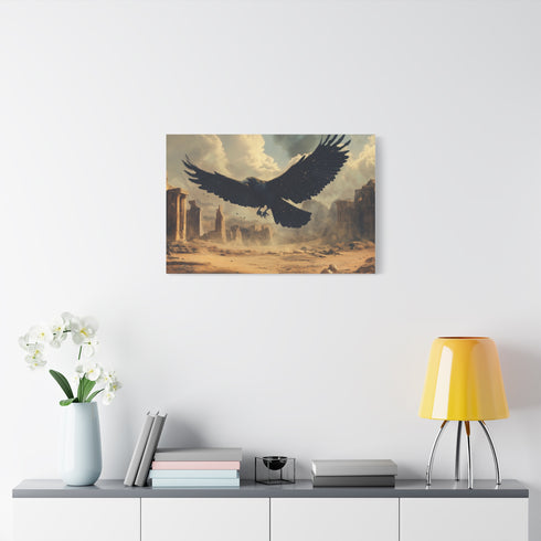 Giant Raven Flying over Desert Ruins Stretched Canvas Wall Art