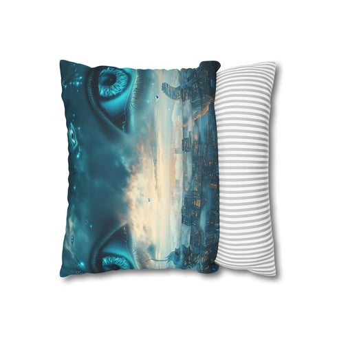 Floating Eyes Watching City from Sky (Edition II) — 40×40 Cushion Cover — Soft Brushed Fabric Texture Close-Up