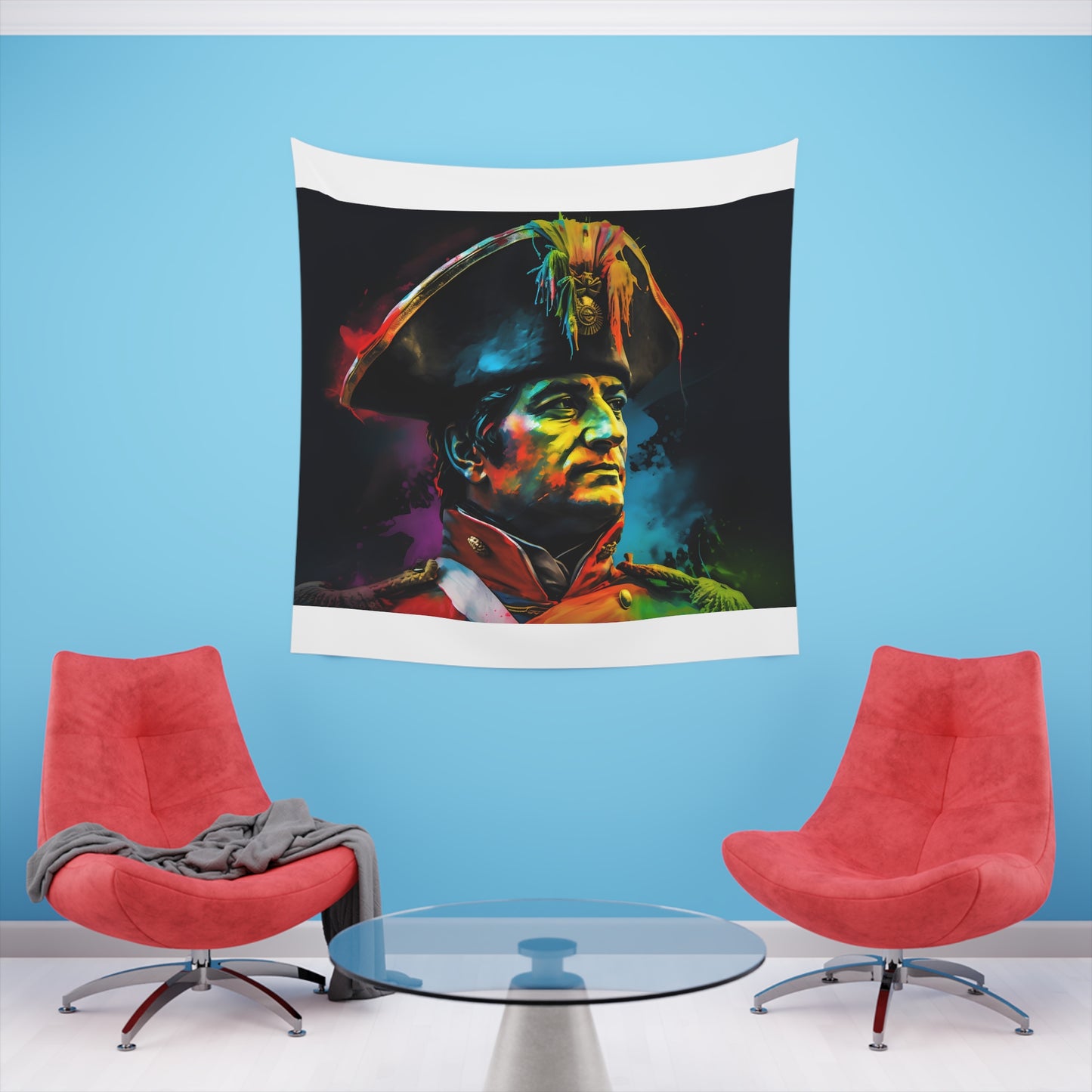 Neon Emperor: Napoleon in Watercolor Tapestry | Wall Tapestry | All Over Print, AOP, Decor, Halloween, Home & Living, Home Decor, Indoor, Spring Essentials, Sublimation, Tapestry | Prints with Passion