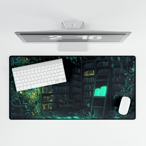 Overgrown Library with Glowing Books — XL & XXL Desk Mat — Product Detail View 5