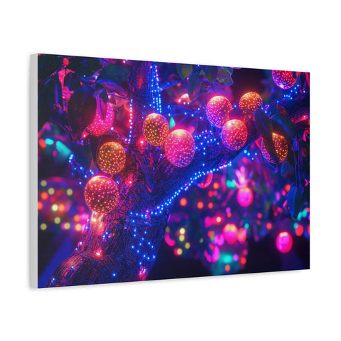 Cyber Tree with Neon Fruit — Canvas Wall Art — Side Profile & Stretched Corner Detail
