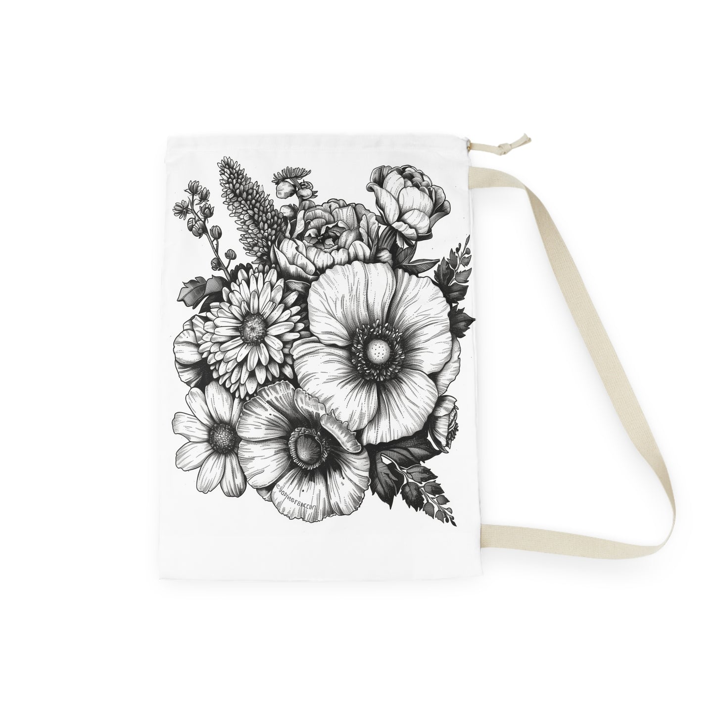 "Hand-drawn floral laundry bag for stylish laundry organization"