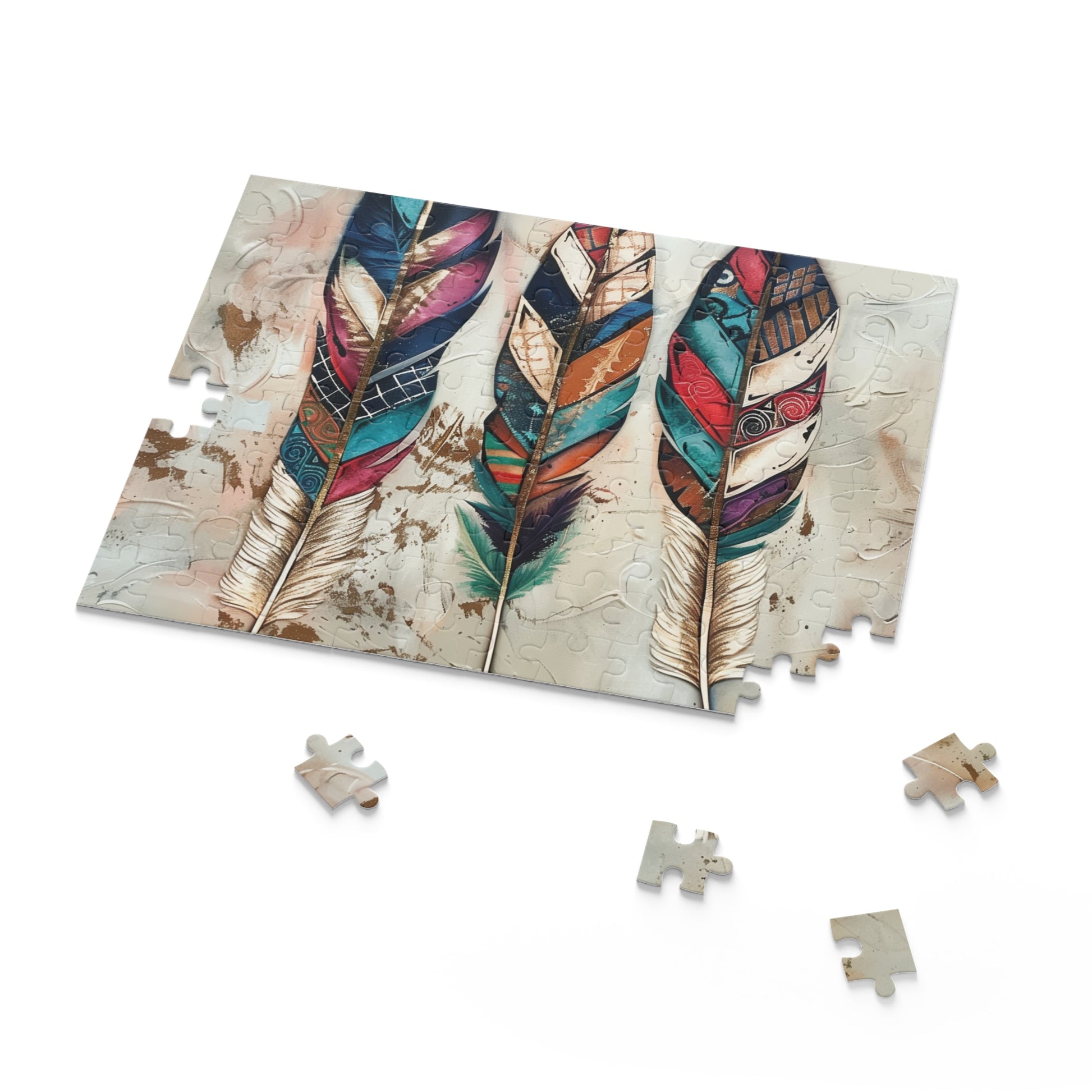 "Bohemian feather jigsaw puzzle with vibrant colors and intricate designs for relaxation and mindfulness"