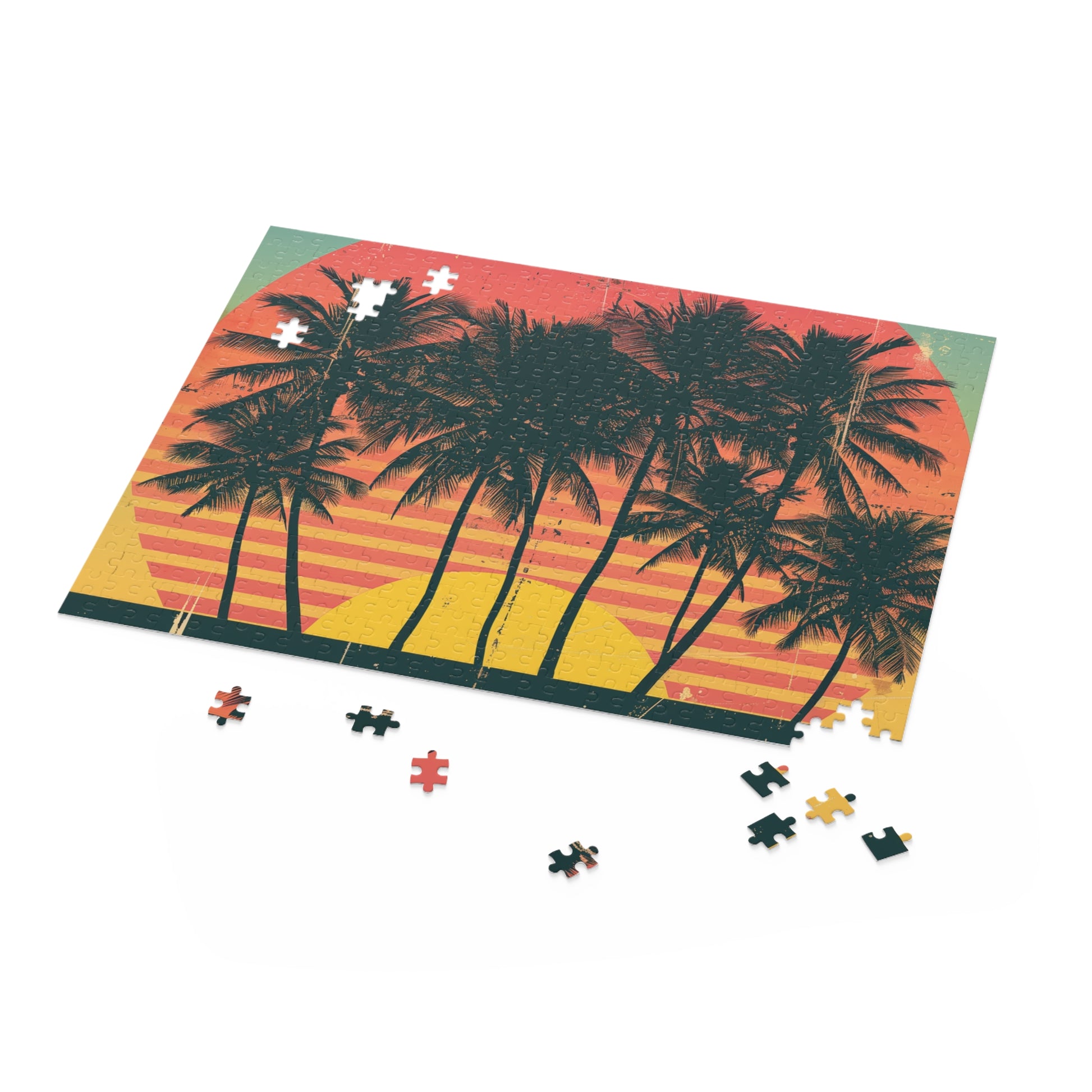 "Retro Sunset Palm Tree Jigsaw Puzzle for Relaxing Nostalgic Escape"