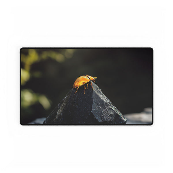 Golden Scarab Crawling on Obsidian Pyramid — XL & XXL Desk Mat — Gaming & Workspace Desk Setup View
