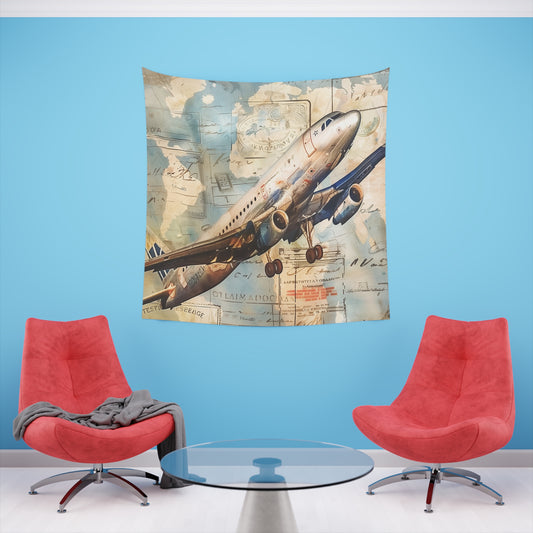 Flight of Fancy: A Vintage Travel Tapestry | Wall Tapestry | All Over Print, AOP, Decor, Halloween, Home & Living, Home Decor, Indoor, Spring Essentials, Sublimation, Tapestry | Prints with Passion