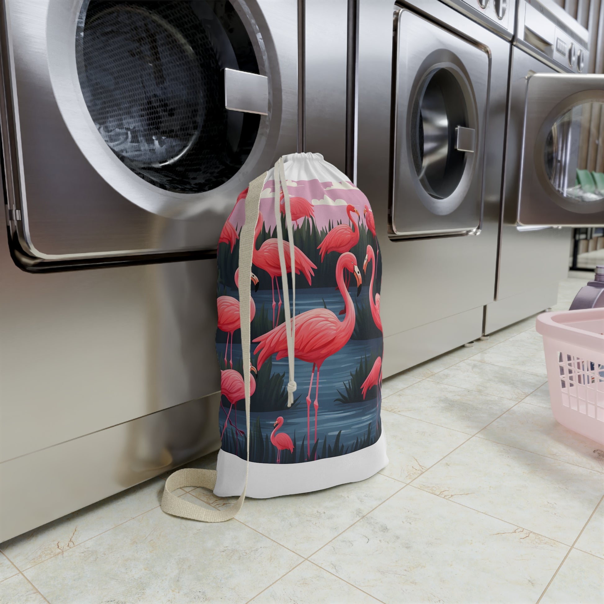 "Flamingo Fiesta Laundry Bag with Pink Flamingo Pattern, Vibrant and Fun Design for Laundry Room Decor"