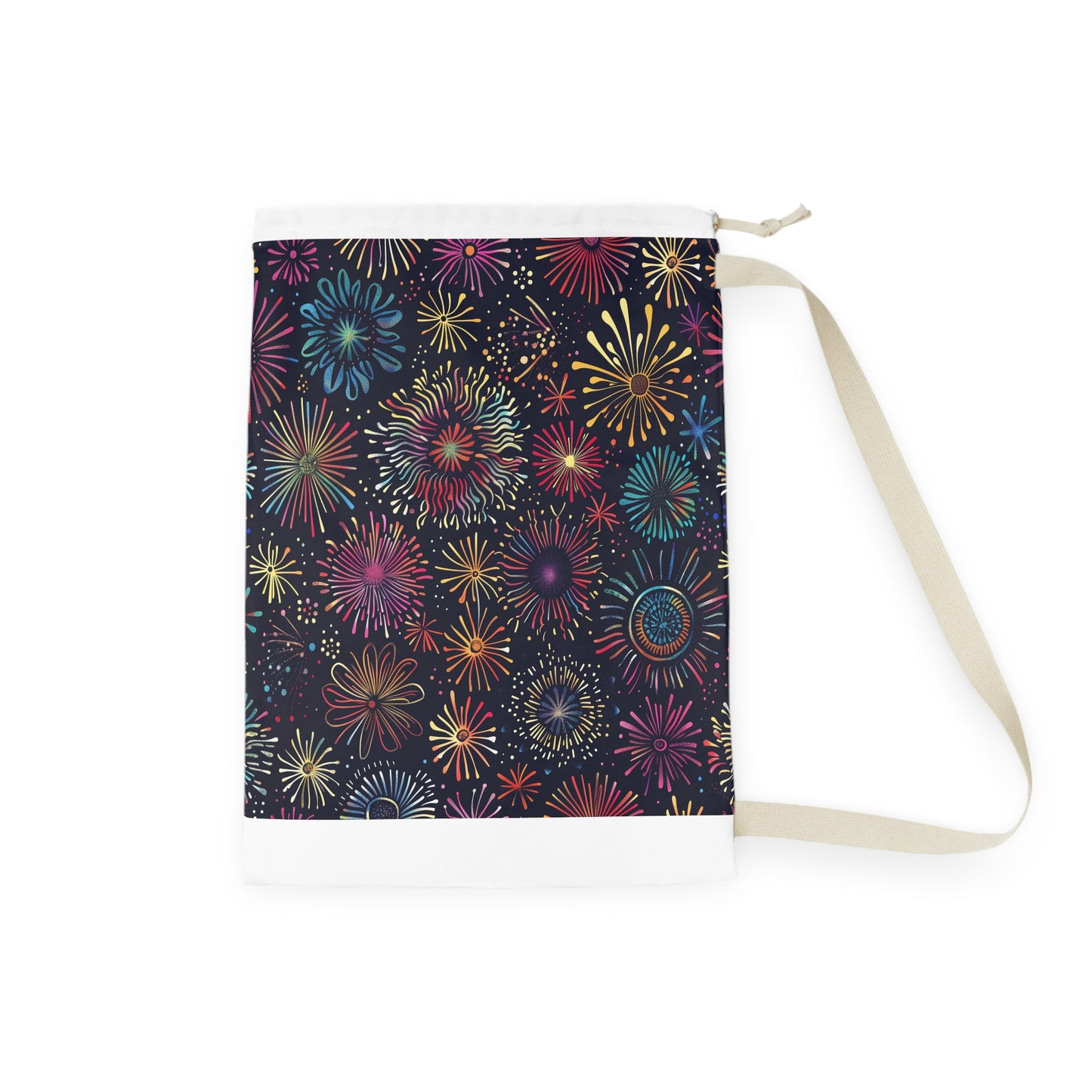 "Festive fireworks patterned laundry bag, vibrant colors, durable material for stylish laundry day organization."