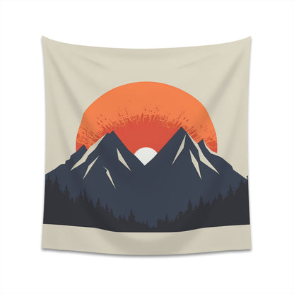 Alt Text: "Golden Peaks Minimalist Tapestry - Serene sunrise mountains in warm hues, high-quality, perfect for all seasons, makes a great gift"