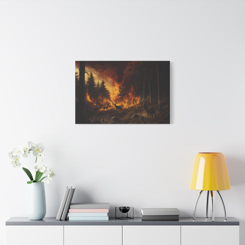 A Forest Fire Raging with Wildlife Fleeing Stretched Canvas Wall Art