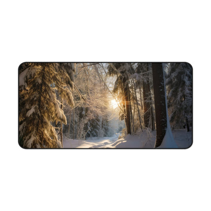 "Winter Forest Desk Mat: Serene snow-covered forest scene to enhance productivity in style"