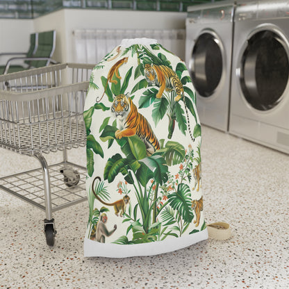 "Wild Tiger Jungle Safari Laundry Bag - Stylish and functional laundry bag with seamless jungle pattern featuring ferocious tigers for an adventurous touch to your routine."