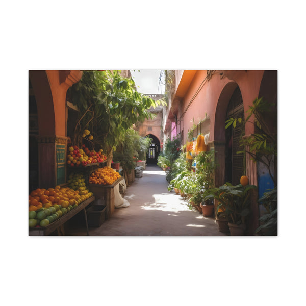 Marrakech Morocco Colorful Markets Gardens — Canvas Wall Art — Living Room Wall Lifestyle View