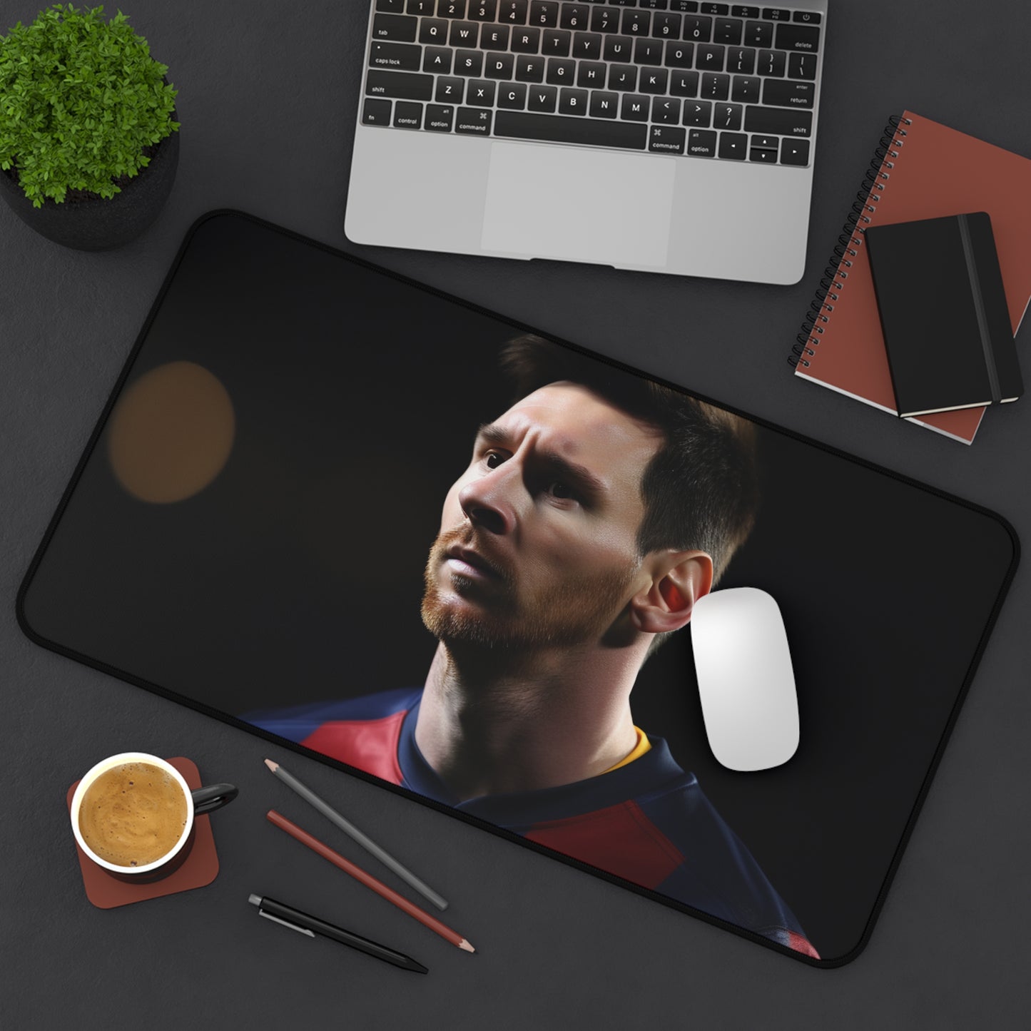 Lionel Messi Soccer Desk Mat - Elevate your workspace with this sleek and stylish desk accessory inspired by the legendary footballer. Perfect blend of style and functionality.