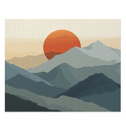 "Sunrise Mountain Range Puzzle - Tranquil nature scene, minimalist silhouette on vibrant sun backdrop"