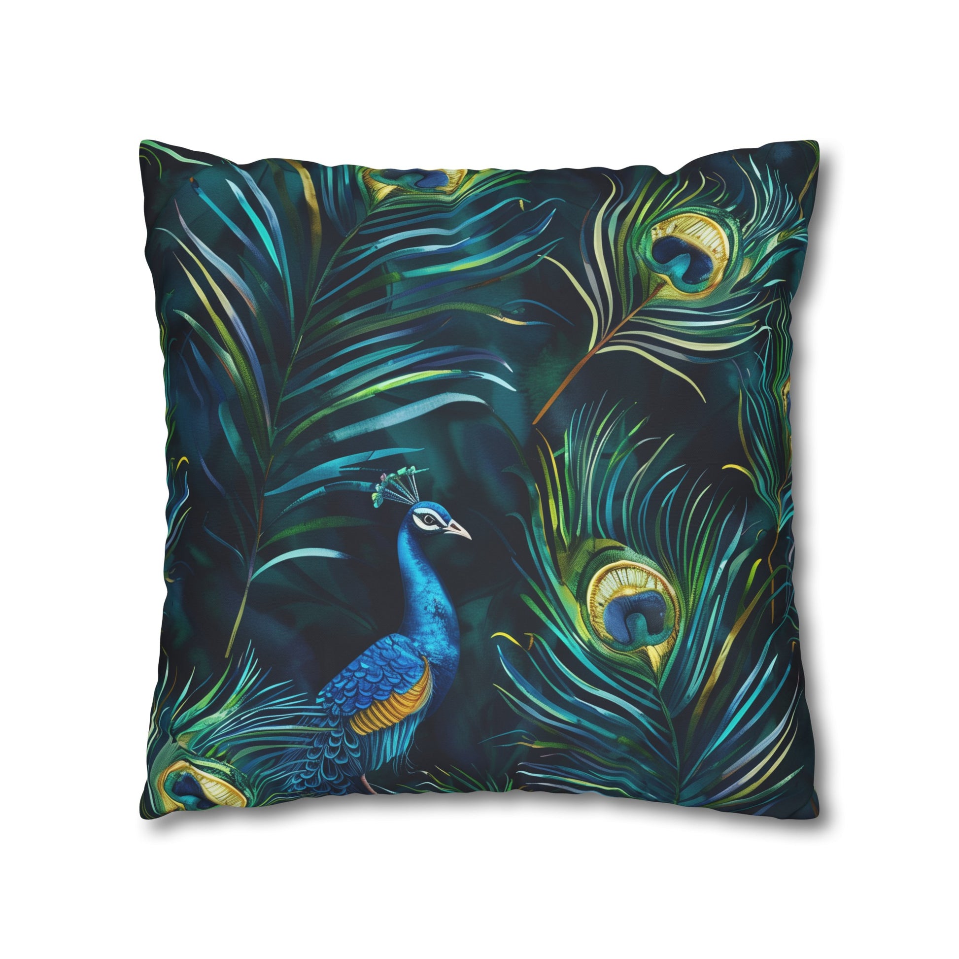 "Vibrant blue peacock feather pillowcase - luxurious oasis for elegant bedroom decor"