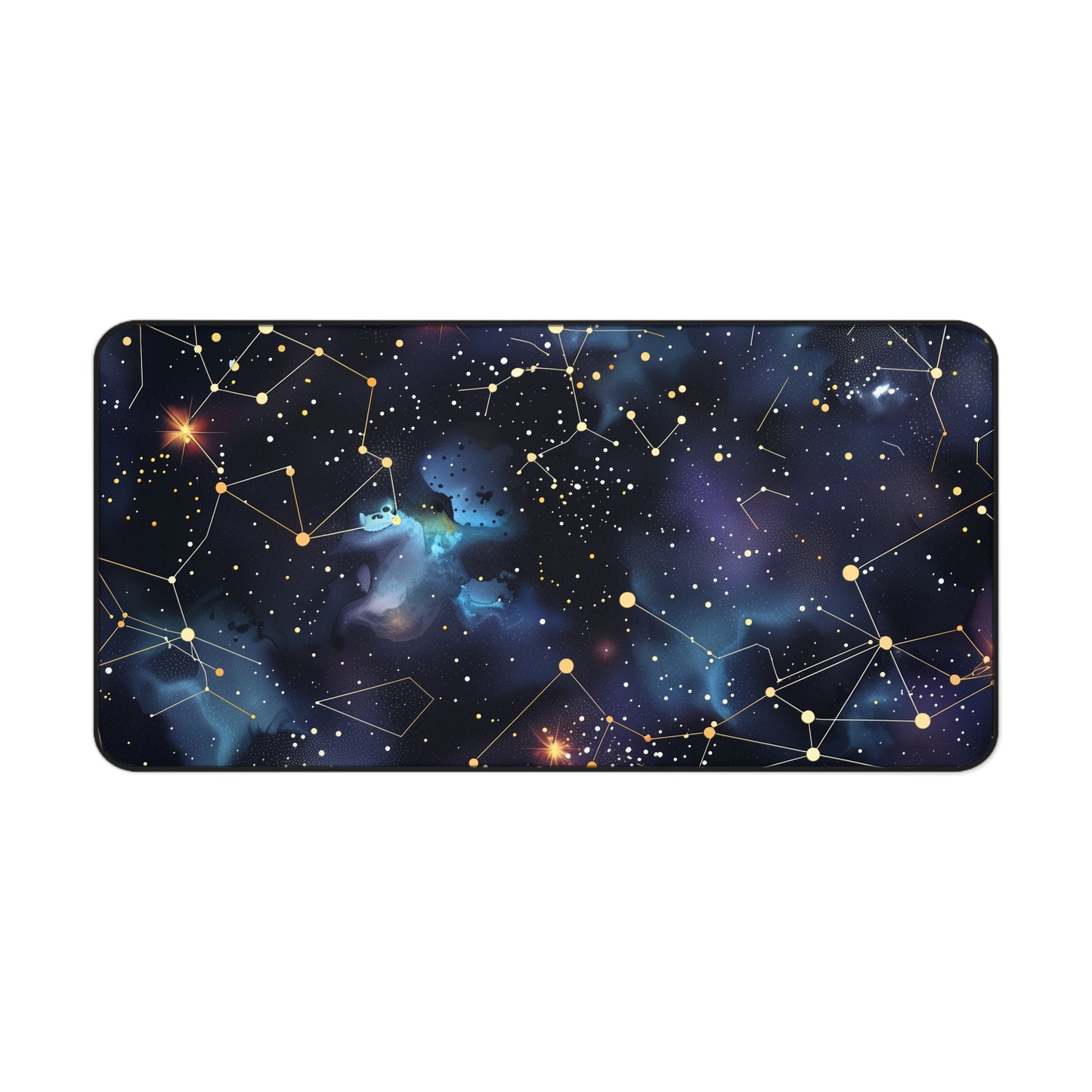 "Enhance your workspace with our Starry Night Desk Mat featuring a seamless pattern of zodiac constellations for a cosmic touch."