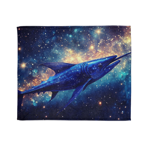 Swordfish Slicing Through Star Sea — Plush Fleece Throw Blanket — Draped Over Sofa & Bed Lifestyle View