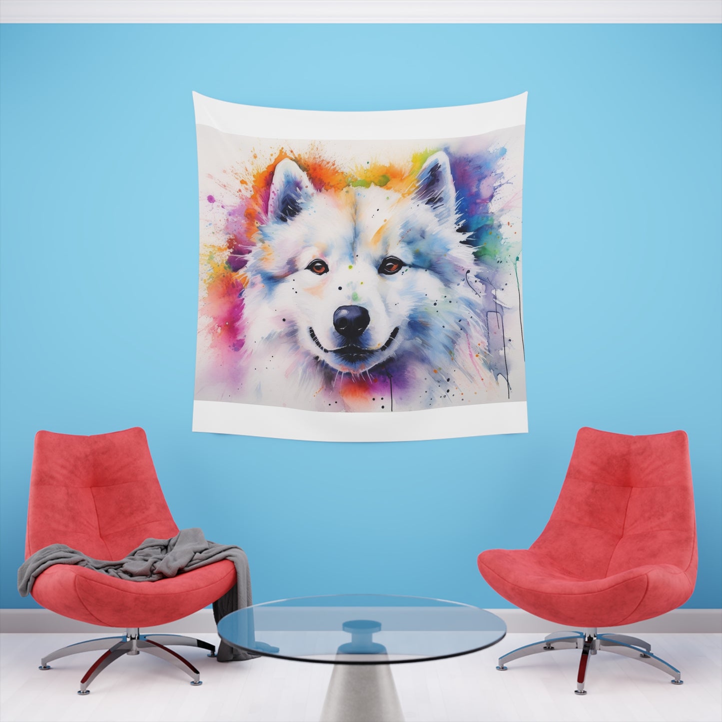 Samoyed Charm: A Tapestry of Snowy Smiles | Wall Tapestry | All Over Print, AOP, Decor, Halloween, Home & Living, Home Decor, Indoor, Spring Essentials, Sublimation, Tapestry | Prints with Passion